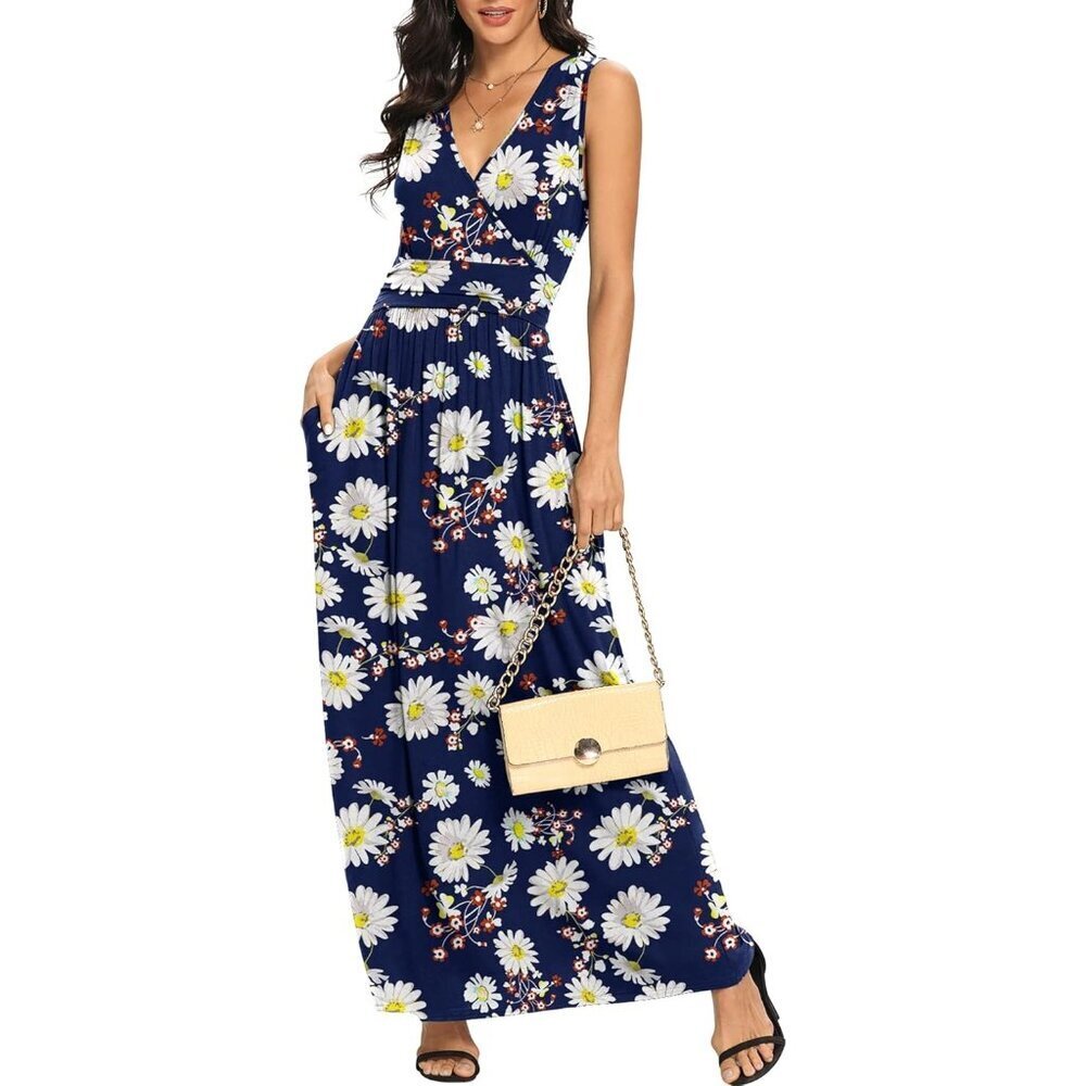 Women Navy Daisy Deep V Neck Sleeveless Loose Plain Long Maxi Stretchy Dress